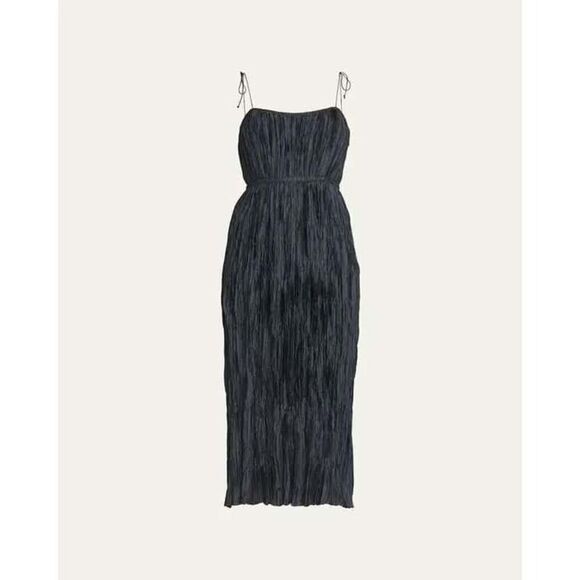 Ulla Johnson Women's Navy Orla Tie-Shoulder Plissé Midi Dress Size 12 NWOT - Picture 1 of 10